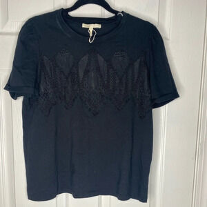 Maje Black Short Sleeve Tee with Lace Panel